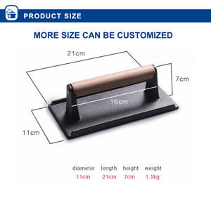 Prensador de parrilla de hierro fundido (con mango de madera mejorado), antiadherente, respetuoso con el medio ambiente, para hacer hamburguesas <span class=keywords><strong>a</strong></span> <span class=keywords><strong>la</strong></span> parrilla, <span class=keywords><strong>carne</strong></span> personalizable - Product Image 2