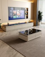 Ensemble table basse et meuble TV en bois massif avec éclairage d'ambiance LED, console multimédia pour salon