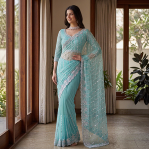 Turquoise <b>Net</b> Saree Embroidered Blouse <b>Dupatta</b> Women Traditional Indian Wedding Wear Floor-Length Regular Fit Quick Dry All - Product Image 1