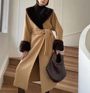 Mantel Wol Mewah Gaya Eropa Mantel Wol Panjang Wanita Mantel Kerah Bulu Cerpelai Asli Musim Dingin untuk Wanita dengan Sabuk