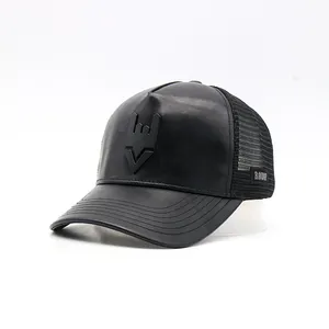 Черная кожаная шляпа-тракер, фабрика, оптовая продажа, качественная сетчатая шляпа с металлическим логотипом