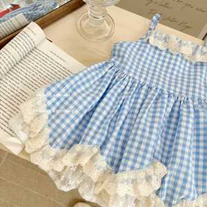 Tongxingyuan Girls' Plaid Dress With Lace Trim Summer Children's Clothing Blue Checkered Suspender Skirt Cotton Fabric - Product Image 2