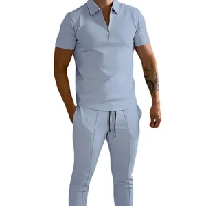 Factory Wholesale Men's Suit Spring And Autumn Men's Lapel Zipper Short Sleeve Polo Shirt Sports Pants 2-Piece Suit For Men