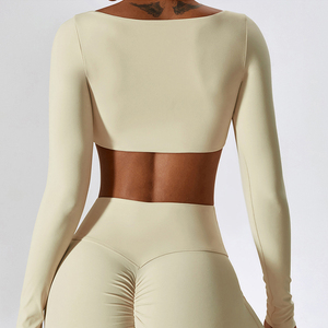 Sexy ragazza Yoga vestiti da palestra Outdoor Running t-shirt Femme sport ad asciugatura rapida Crop Top <span class=keywords><strong>manica</strong></span> <span class=keywords><strong>lunga</strong></span> per le donne di allenamento - Product Image 6