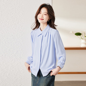 Women's Blue Long Sleeve Shirt Solid Color Poplin Workwear Office Wear - Product Image 1