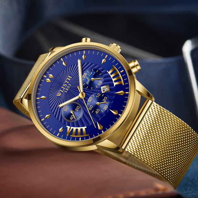 Wlisth S536 Waterproof Luminous Date Auto Stainless Steel Watch Luxury Japan Quartz Wristwatches Sport Men Mesh Steel Watches