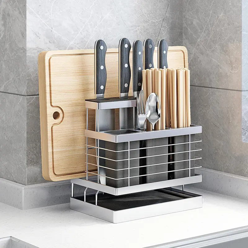 Kitchen portable knife rest stand chopstick holder cutting board hanging rack with water drain pallet