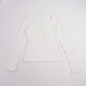 American Casual Half Placket Button Front Crewneck Knit Layering <b>Top</b> Hot Girl Basic Slim Fit Flattering Regular Shoulder <b>Top</b> - Product Image 6