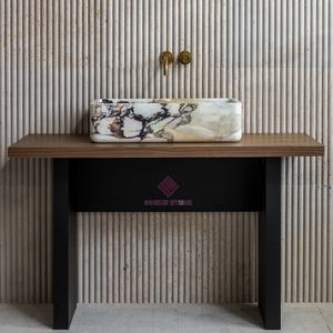 Évier <span class=keywords><strong>en</strong></span> <span class=keywords><strong>pierre</strong></span> Calacatta Viola artisanal avec bouchon de vidange pour une décoration de salle de bain luxueuse et moderne - Product Image 2