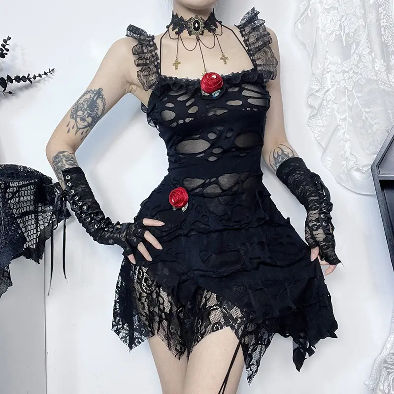 Gaun Gotik seksi untuk wanita, gaun Punk bunga renda Satu bahu Y2K warna hitam bergaya elegan