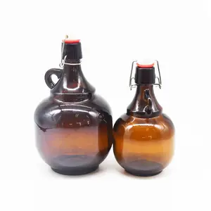 Factory Supplier 2L Amber Empty California Style Beer Growler Glass Wine Bottle with Swing Top and Handle