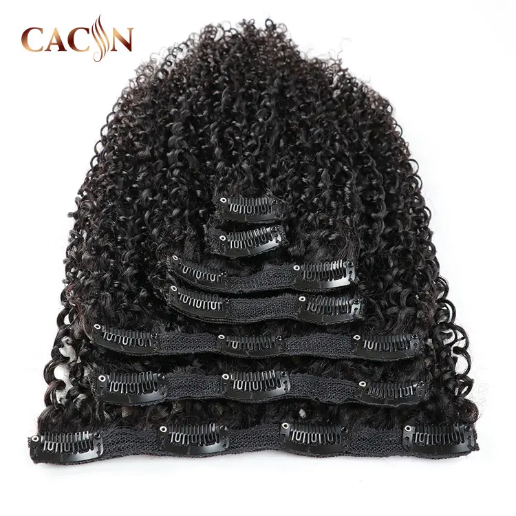 Real indian human hair clip in extensions 200g, CACIN raw virgin remy brazilian 100% human hair kinky curly clip in extensions