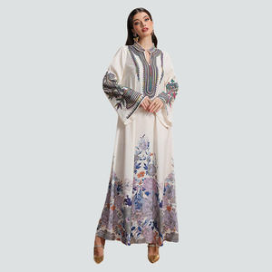 Khiêm tốn Muslim Trắng Maxi Dress đầy màu sắc thêu hoa in váy đa năng phong cách - Product Image 1