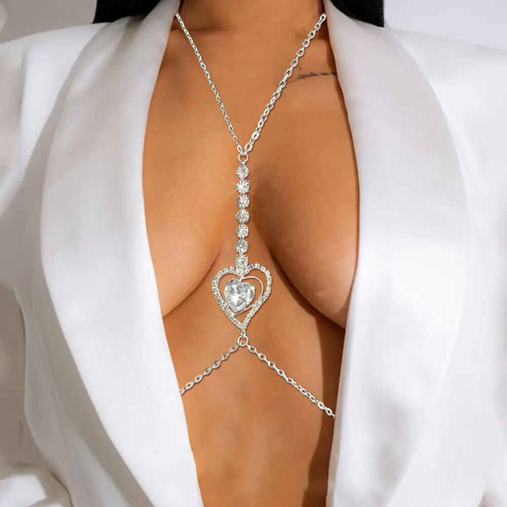 rhinestone statement Love Chest chain bikini heart crystal bra necklace body chain jewelry for women diamond body