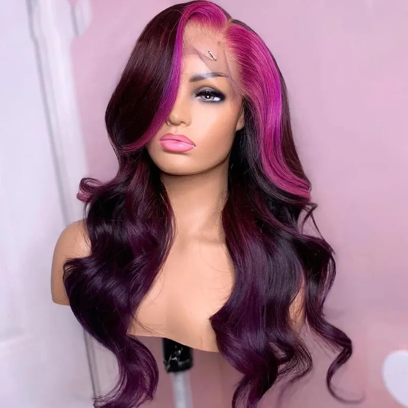 Highlight Dark Purple With Light Purple Color Body Wave Wig Brazilian Virgin Human Hair Glueless 13x4 Lace Wig For Women