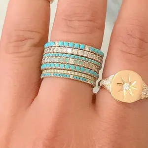 Popular design thin band 925 sterling silver rose gold diamond and blue turquoise stone ring