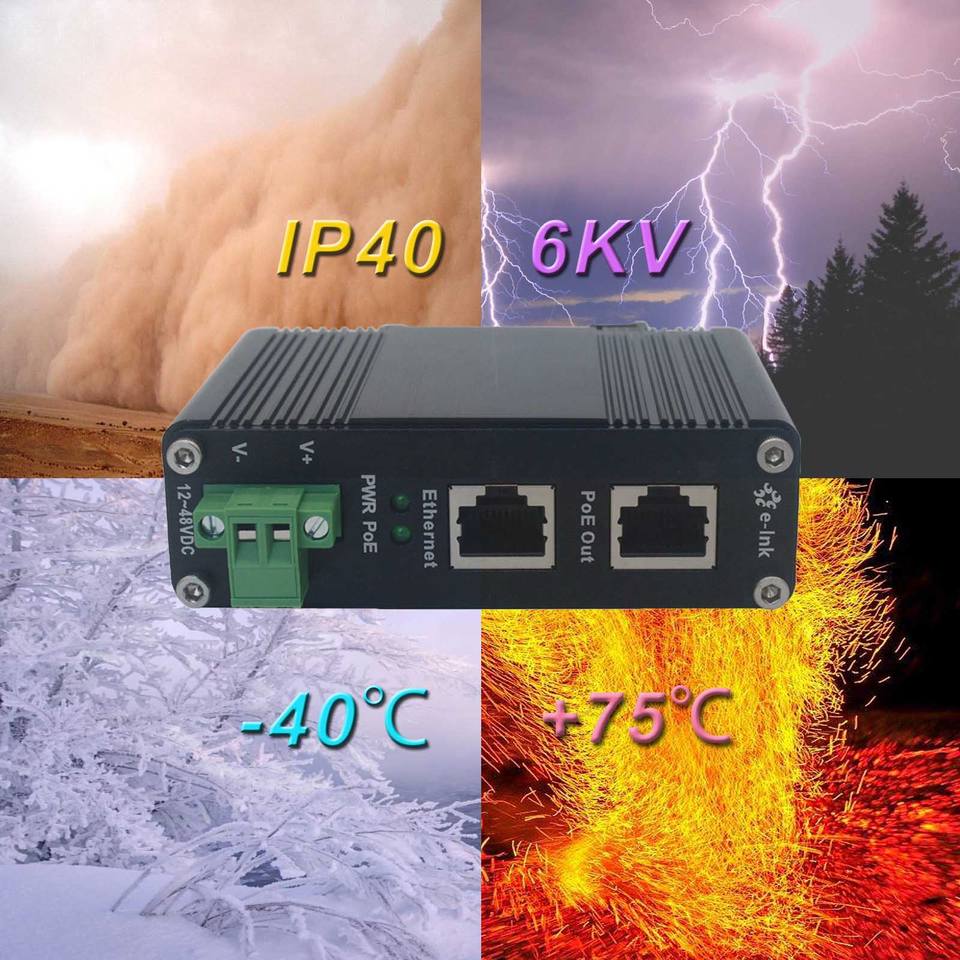 Industrial Hardened Gigabit High Power PoE Injector 12~48V DC Power Input