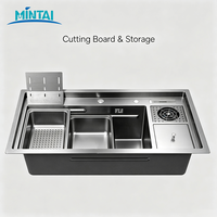 Évier de cuisine en acier inoxydable à cuve unique, fait main, design moderne, avec planche à découper, passoire et accessoires, bassin profond
