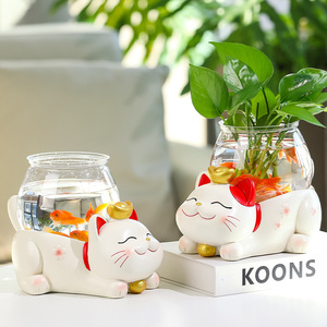 Lucky Cat Resin Planter With Water Vase For Home Desk Decoration - Product Image 2