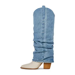 Cowgirl Puntige Neus Sleehak Knie Hoge Laarzen Slip Op Brede Kuit Laarzen 2023 Nieuwe Trend Denim Westernlaarzen Voor Dames