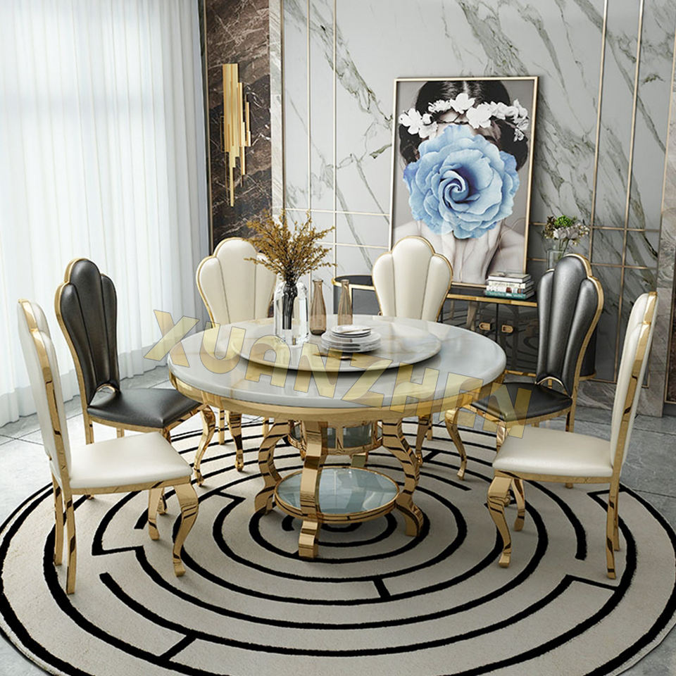 Modern 6 Seater Round Marble Dining Table Set with Golden Stainless ...