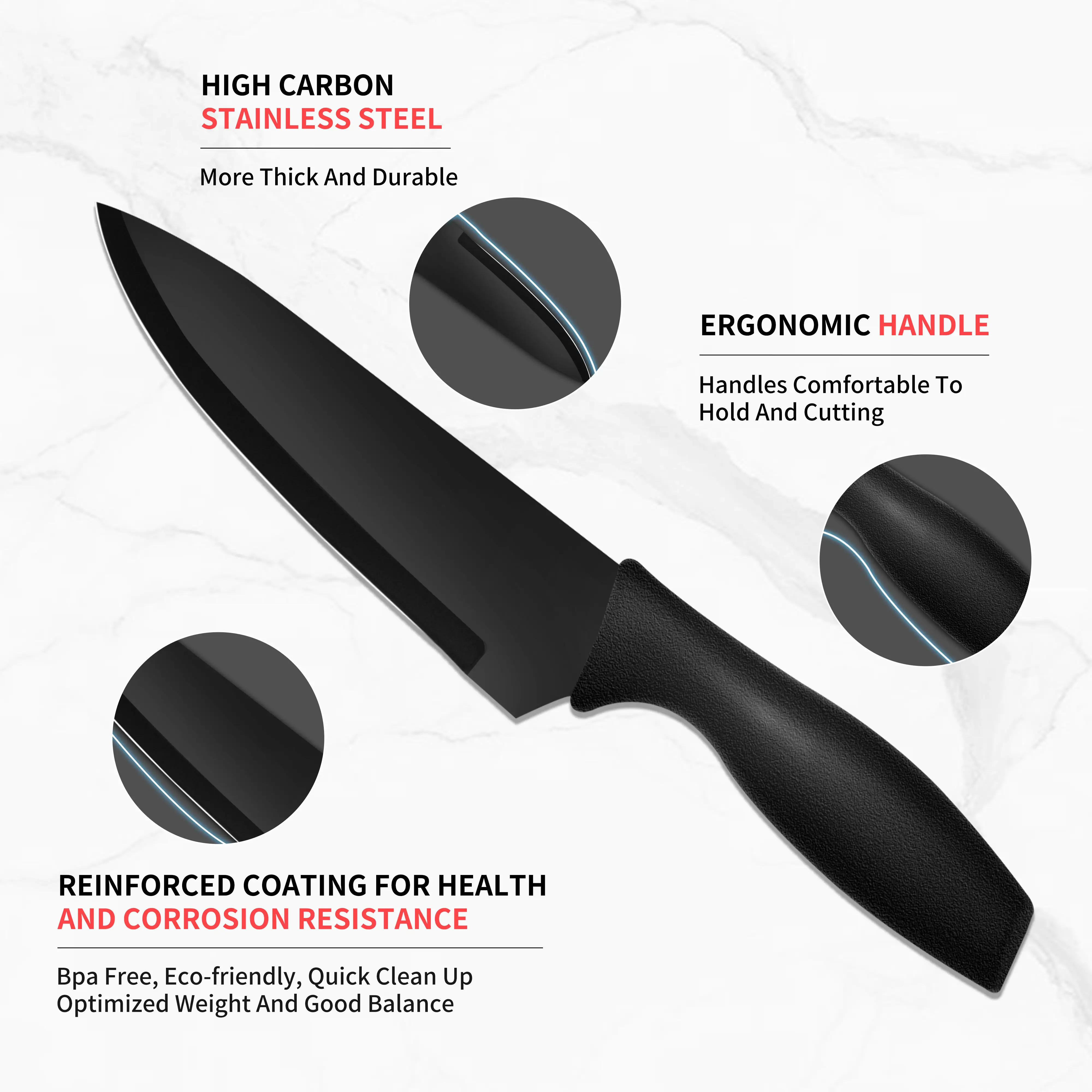 Outil de viande de coupe Lame antiadhésive Protège-couteaux Ensemble de couteaux de cuisine tranchants en acier inoxydable