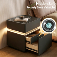 Table de chevet intelligente en bois avec lumière à capteur, chargement USB sans fil, verrouillage par empreinte digitale, petit tiroir dissimulé, meuble de chevet pour salon et chambre