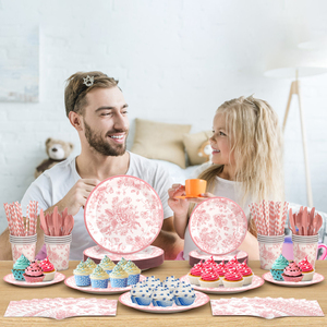 Set di Decorazioni <span class=keywords><strong>per</strong></span> <span class=keywords><strong>Feste</strong></span> in Stile Cinese Rosa e Bianco, Piatti e Tovaglioli con Motivo Floreale Rosa - Product Image 2
