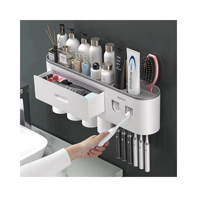 Multifunctional bathroom organizer holder with cosmetic drawer toothbrush holders wall mounted