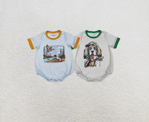 Rompers de manga corta para bebés varones con estampado de perros y patos de caza - Product Image 1