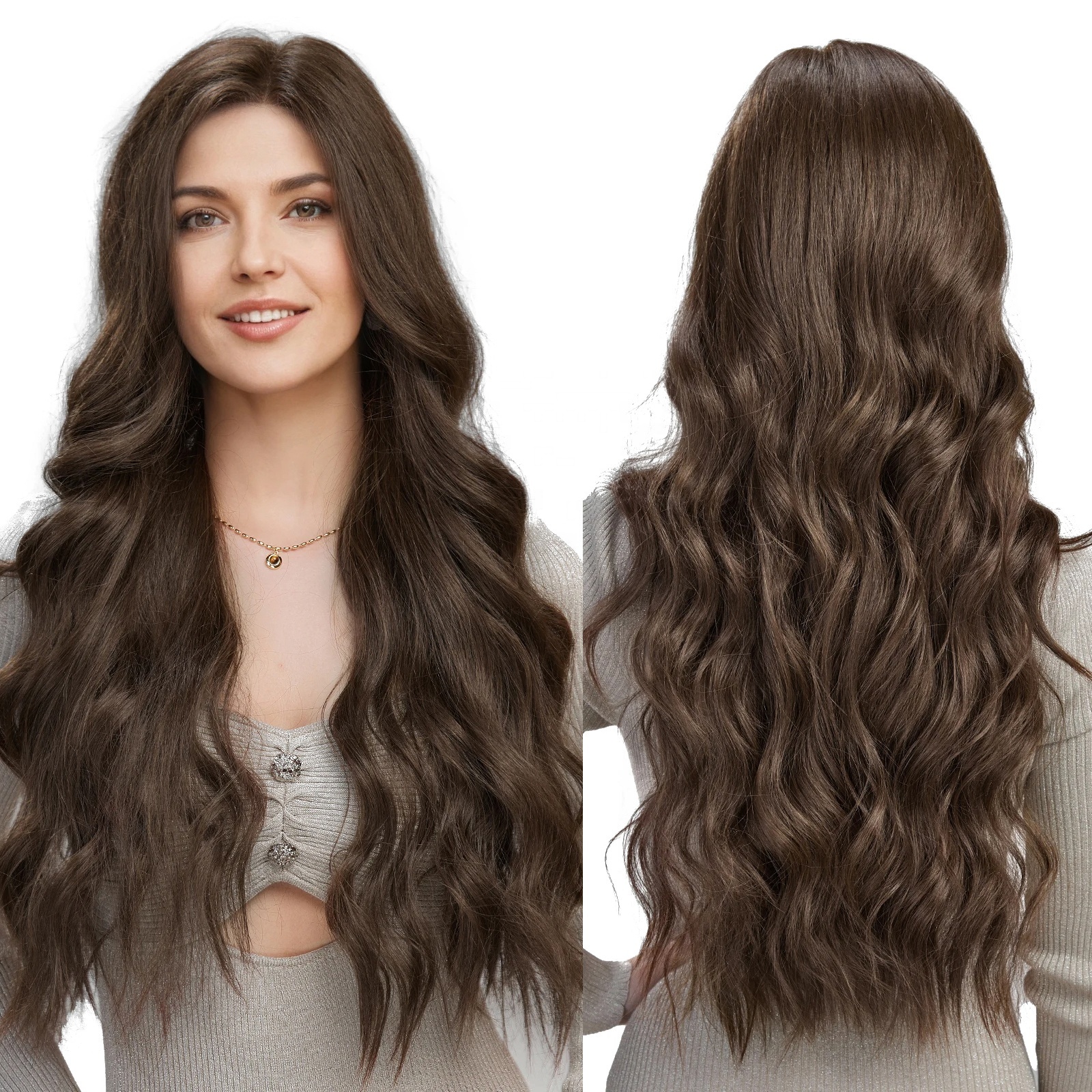 Long Wavy MONO Lace Front Synthetic Wig Brown Monofilament 