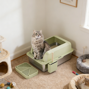 Bac à litière pour chat en acier inoxydable amélioré, toilette étanche à grand espace, épaissie et antirouille, boîte semi-fermée de contrôle des odeurs/ - Product Image 5