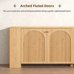 Mid Modern Eco-Friendly Fluted Flat Panel 4-Door Extra Long Buffet Sideboard <b>Cabinet</b> for Dining Room Kitchen Entry Large <b>Storage</b> - Product Image 2