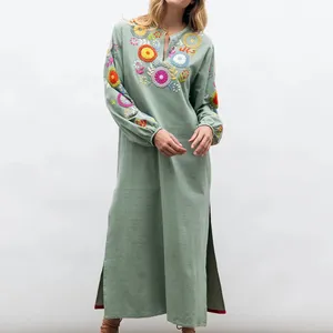 Custom Stunning Floral Embroider Front Slit Vintage Long Sleeve Dress For Women Tasseled Maxi Women Casual Cotton Dress