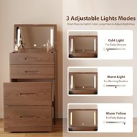 Ensemble de coiffeuse moderne en chêne massif pliable avec miroir LED rabattable, 3 tiroirs de rangement et tabouret ottoman pour chambre à coucher