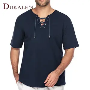 Dukale's Pinhole Collar Schnürung V-Ausschnitt Baumwolle Leinen T-Shirts Hippie Beach Yoga Top Kordel zug 100% Baumwolle Leinen Herren T-Shirts