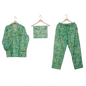 Women's 3-Piece Floral 100%Cotton Pajama Set Long Sleeve Shirt <b>Pants</b> With Drawstring Soft Woven Sleepwear Spring Classic Style - Product Image 1