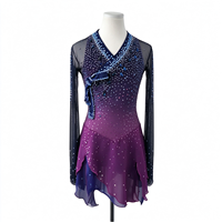 Robe de patinage et de danse pour enfants et adultes, dégradé bleu marine et violet, manches longues en maille, dos découpé avec strass, pour compétition et spectacle de patinage sur glace