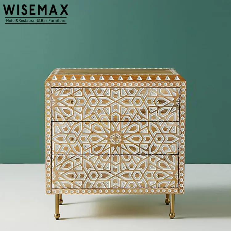 French Style Antique Wooden Carved Design Hotel BedルームFuniture Gold Leg Modern Nighstand Bed Side Table