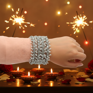 Silver Plated <b>Crystal</b> Stone and Pearl <b>Bracelets</b> Set | Elegant Fashion Bangles for Women and Girls for festive wear collection - Product Image 3