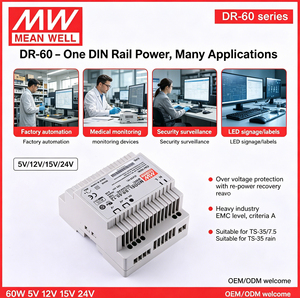 Alimentation électrique sur rail DIN MEANWELL 24V 60W <span class=keywords><strong>DR</strong></span> 60 <span class=keywords><strong>24</strong></span> Adaptateur de commutation AC DC à tension constante pour l'éclairage LED et la vidéosurveillance - Product Image 2