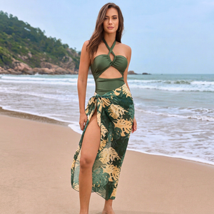 Women 2 Piece <b>Swimsuit</b> Set Halter Cutout One Piece Bathing Suit with Leaf Print Chiffon Wrap Cover Up <b>Skirt</b> Beach Swimwear - Product Image 4