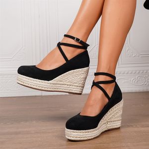 <span class=keywords><strong>Sandalias</strong></span> Casuales de Esparto con Punta Redonda y Tira al Tobillo para Mujer, de Microfibra, Venta al por Mayor de Fábrica - Product Image 1
