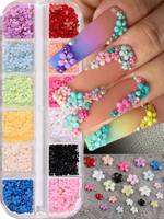 12 Grids 3D Mini Hiasan Kuku Bunga Warna Campur Resin Dekorasi Kuku Floral Ornamen Manik-Manik Emas Aksesoris Manikur Set Dekorasi