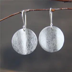 Thailand Bangkok Silver Jewelry Ancient Making Sterling Silver Matte Surface Round Coin Hoop Earring for Ladies