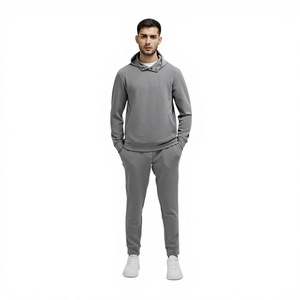 Survêtement gris à capuche pour homme, couleur unie, coupe décontractée, 100 % coton, coupe régulière avec poches latérales, taille élastique - Product Image 1