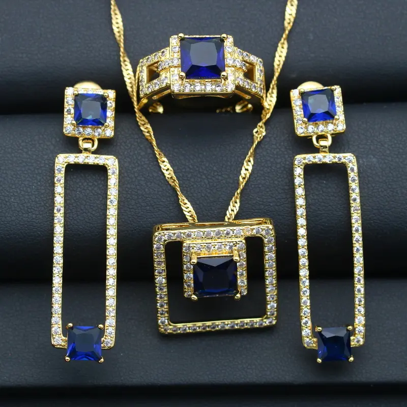 vintage blue zirconia gold jewellery set wholesale for women wedding earrings pendant ring jewelry gold necklace set