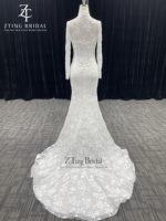 Robe de mariée sirène en polyester à col montant, style veste, avec appliques en dentelle ivoire et traîne chapelle pour cérémonies de mariage OEM ODM