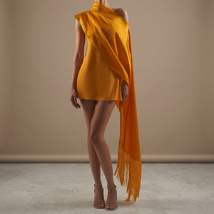Robe mini asymétrique en satin à une épaule, élégante, coupe trapèze, taille basse, sans manches, couleur unie, longueur genou, couleur personnalisable - Product Image 3