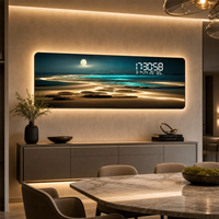 Jam Dinding Digital LED Modern dengan Lampu Latar, Seni Dinding Panorama Pantai Laut Bercahaya, Lukisan Terang dengan Tampilan Waktu, Tanggal, dan Suhu untuk Ruang Tamu